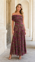 Front view of model wearing olive floral off-shoulder maxi dress
