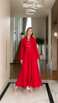 Red long sleeve embroidered tiered maxi dress front full view