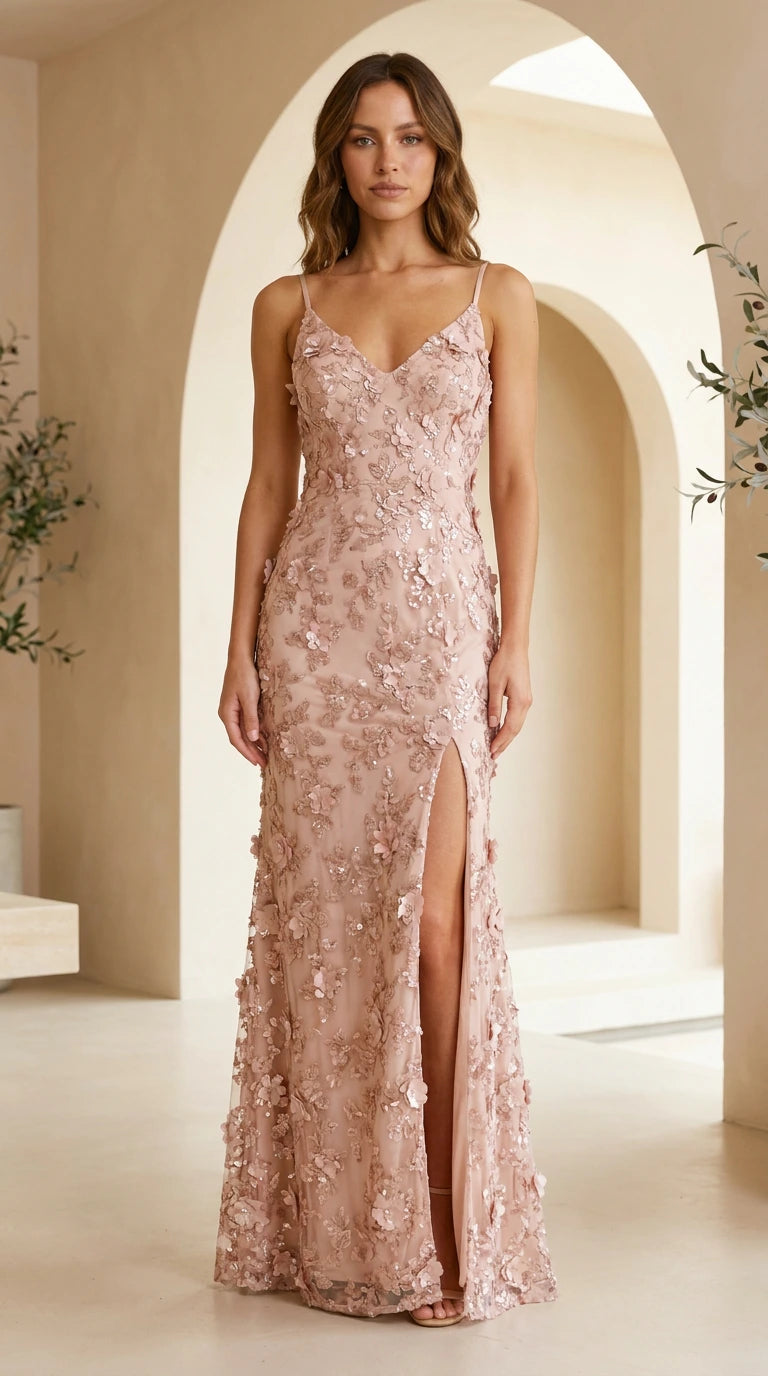 Front view of model wearing dusty pink 3D floral applique sequin maxi gown with leg slit