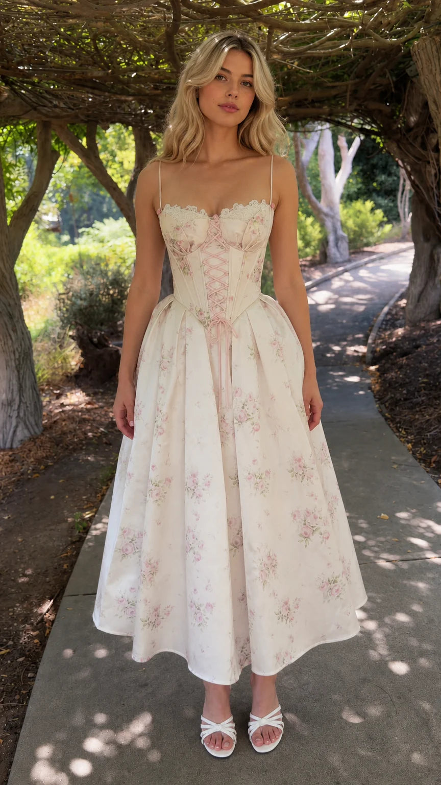 Front view of cream floral lace-up corset midi dress