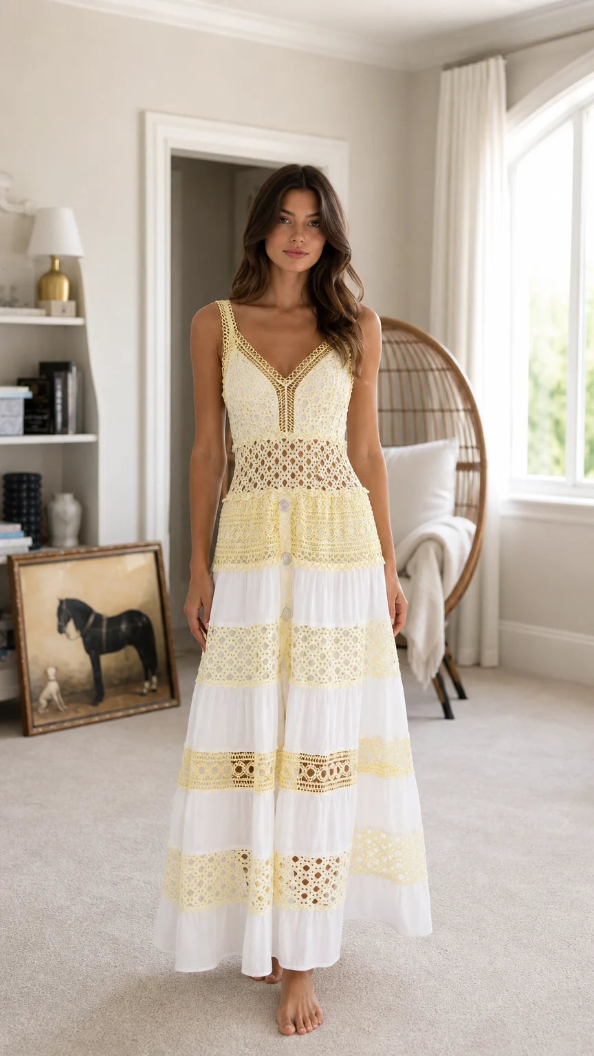 Front view of white tiered crochet maxi dress