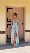 Sage green strapless evening dress front view with high slit