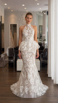 Front view of white floral lace halter peplum mermaid evening dress