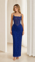 Front view of model wearing Royal Blue beaded corset maxi gown