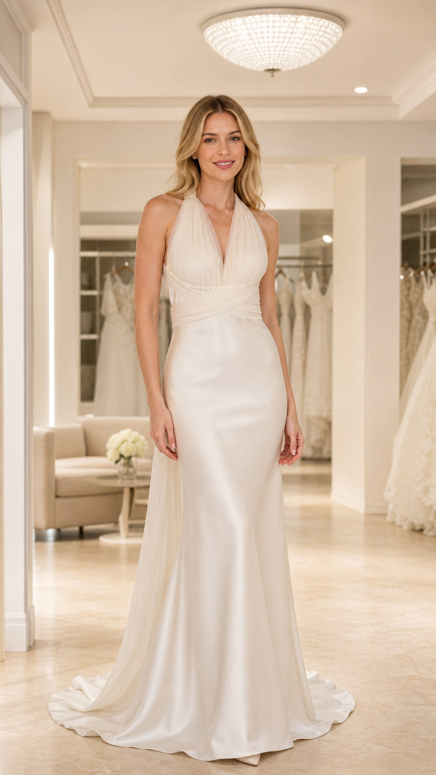 Front view of model wearing Ivory halter pleated bodice satin maxi gown