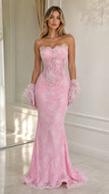 Front view of pink strapless lace mermaid evening gown with matching gloves