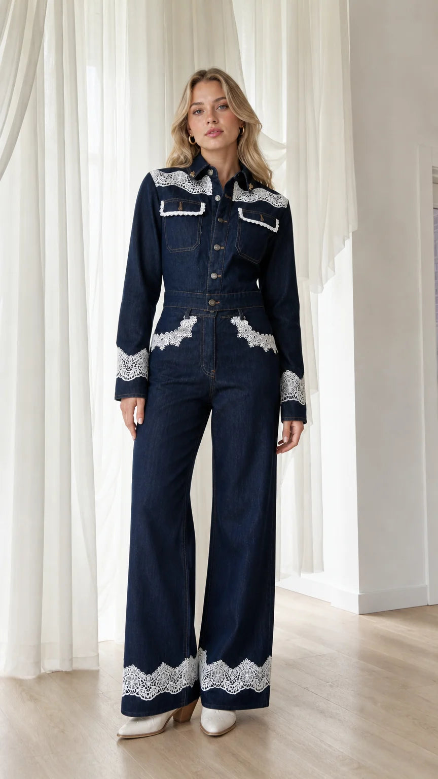 Front view of model wearing dark denim lace trim jumpsuit