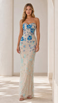 Front view of champagne strapless floral beaded evening gown