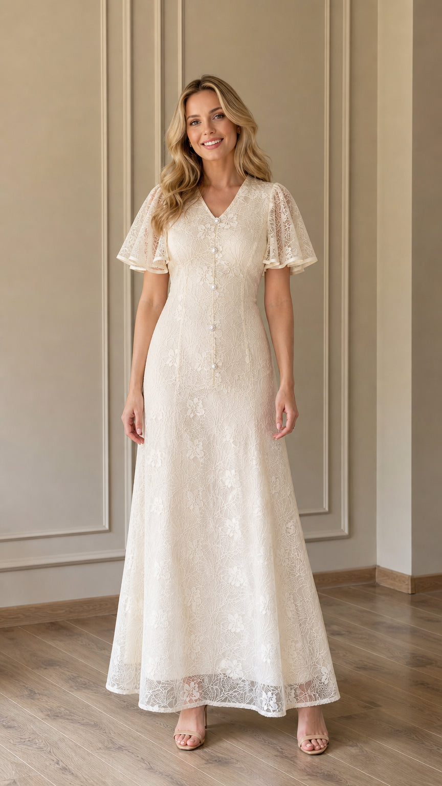 Front view of Ivory lace maxi dress on model