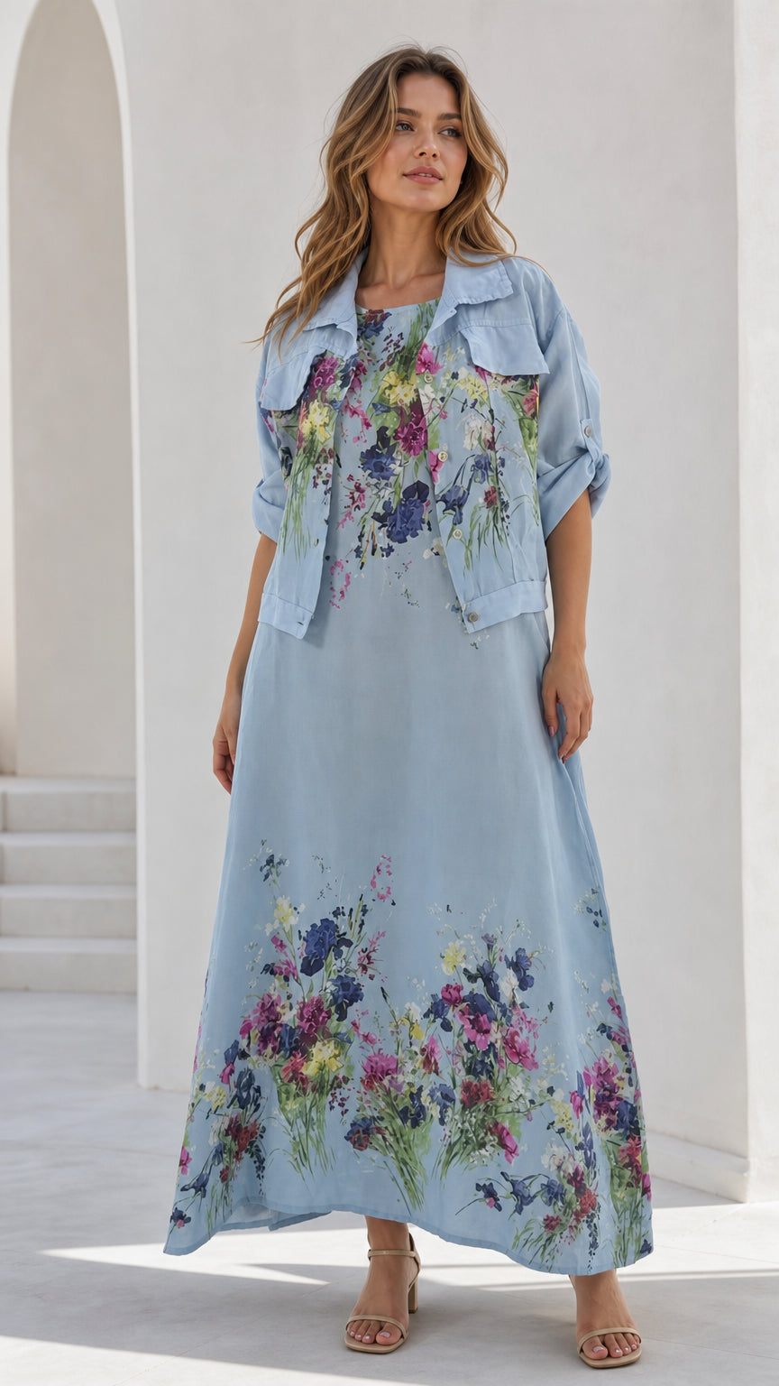 Full front view of women's sky blue floral maxi dress with matching cropped jacket
