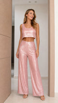 Model wearing Dusty Pink sequin crop top and wide leg pants set front view