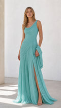 Full front view of aqua blue pleated maxi gown with high slit and shawl