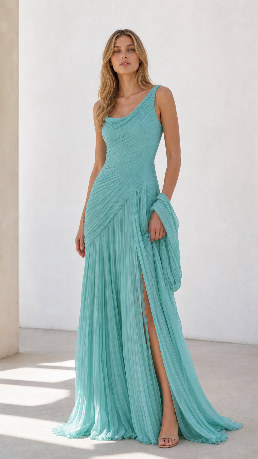 Full front view of aqua blue pleated maxi gown with high slit and shawl
