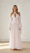 Front view of model wearing pink pleated cold-shoulder maxi dress