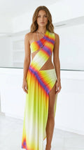 Front view of model wearing vibrant yellow gradient one-shoulder cutout maxi dress