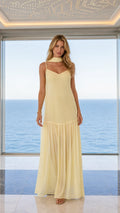 Front view of yellow choker maxi dress