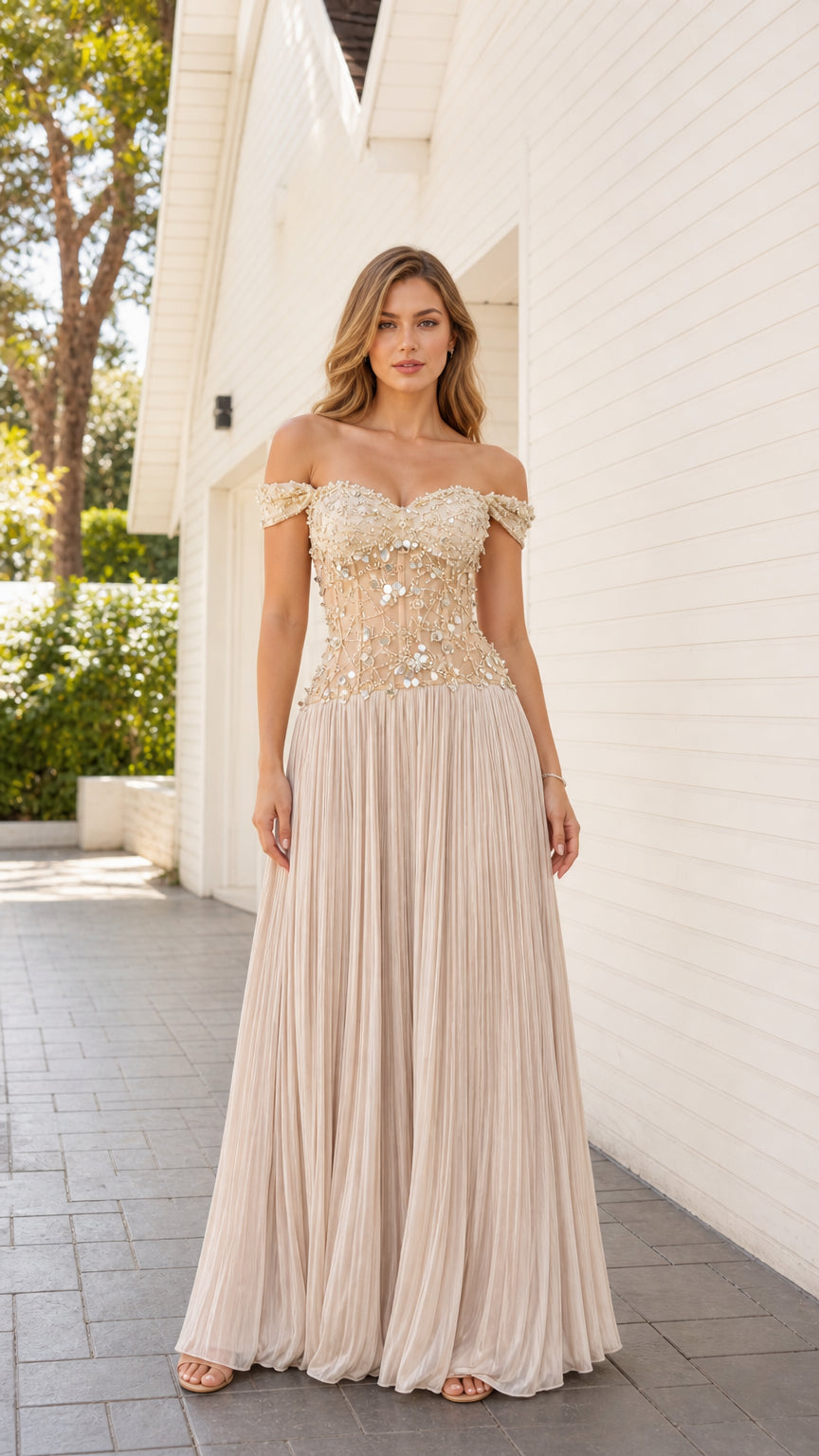 Front view of champagne off-shoulder beaded corset evening dress
