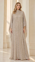 Champagne sequin pleated high-neck cape kaftan maxi gown front view