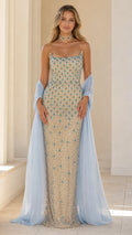 Front view of champagne crystal embellished evening gown with blue shawl