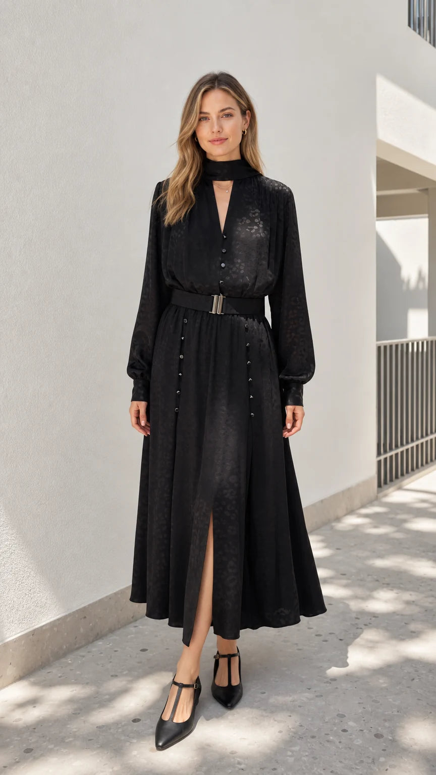 Model wearing black mock neck belted midi dress from the front