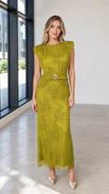 Front view of olive green embroidered maxi dress