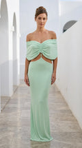 Mint green off-shoulder cutout maxi dress front view