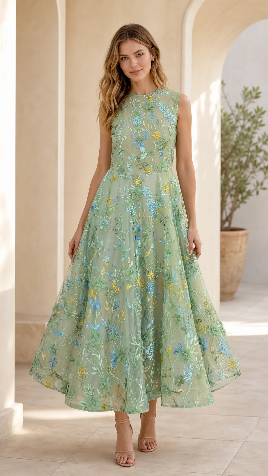 Sage green floral embroidered midi dress front view