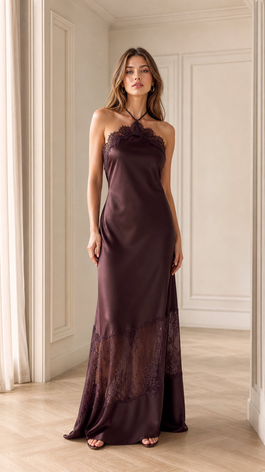 Plum satin halter maxi dress with sheer lace inserts front view