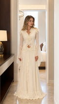 Front view of champagne ruffled chiffon maxi dress