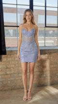 Front view of lavender sequin cocktail dress on model