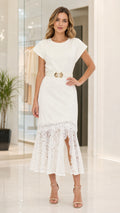Full front view of model wearing the white belted midi dress with lace flounce hem