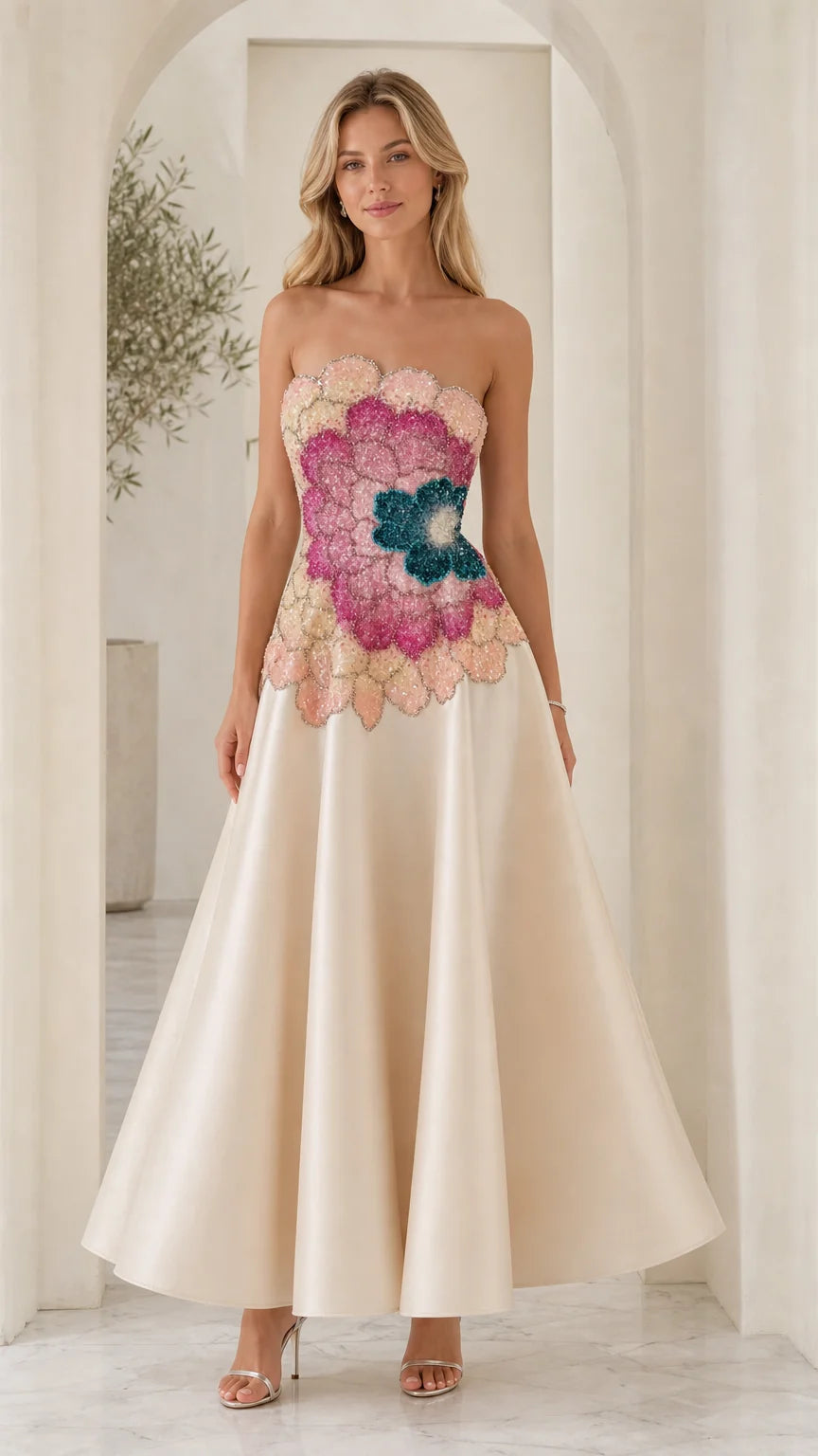 Front view of model wearing champagne strapless floral evening dress
