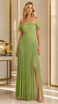 Front view of model wearing olive green off-the-shoulder beaded fringe maxi dress with high slit