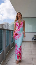 Front view of Light Blue floral halter maxi dress