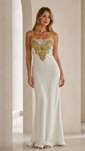 Front view of ivory satin slip maxi dress with embroidered bodice