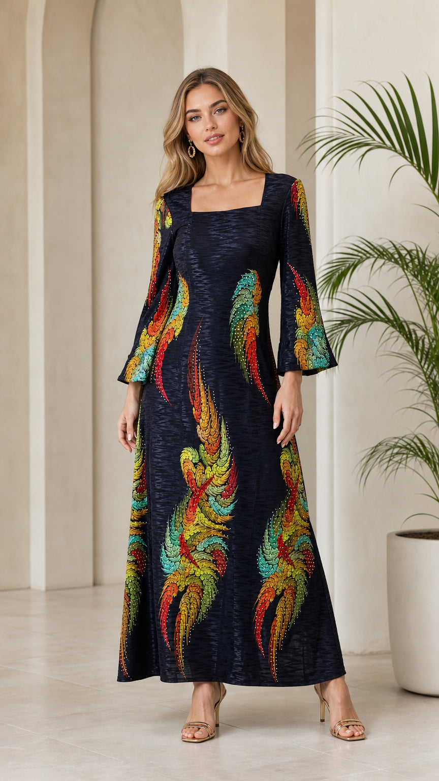 Front view of model wearing Navy Blue square neck bell sleeve maxi dress with vibrant feather print