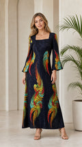 Front view of model wearing Navy Blue square neck bell sleeve maxi dress with vibrant feather print