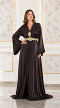 Full front view of dark brown satin caftan maxi dress with gold belt and embroidery
