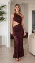 Front view of model wearing Chocolate Brown one-shoulder cutout ruched lace maxi dress