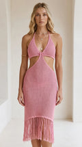 Front view of model wearing pink boho halter cutout fringe knit midi dress