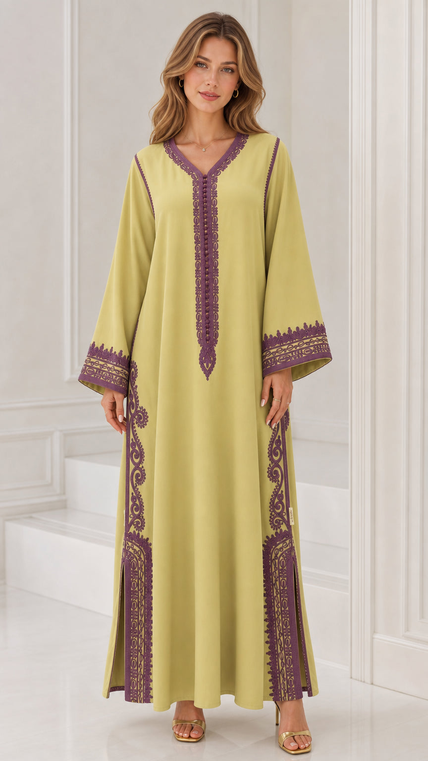 Front full view of woman wearing lime green embroidered kaftan maxi dress