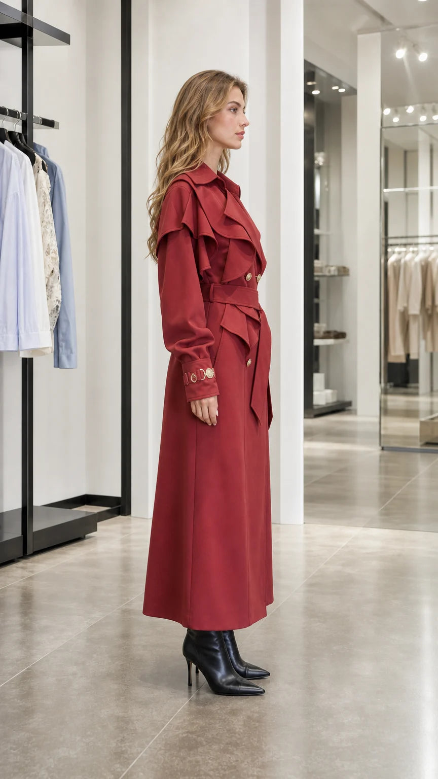 Side profile view of woman in red trench coat