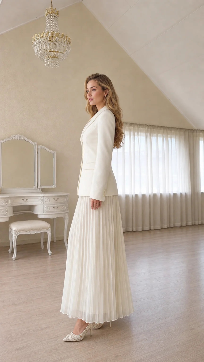 Side profile view of a woman in a white blazer and long skirt