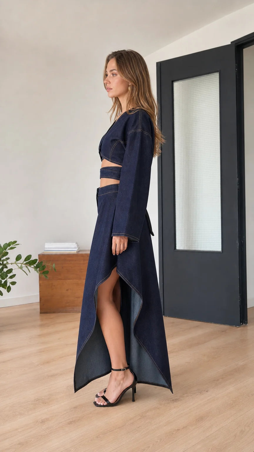 Model wearing indigo blue set, side view highlighting skirt slit