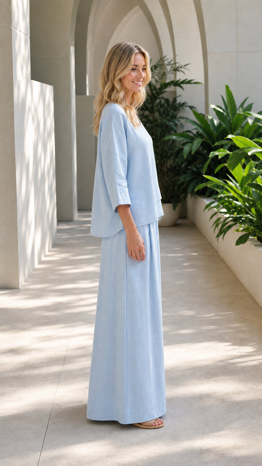 Side profile view of woman wearing light blue set