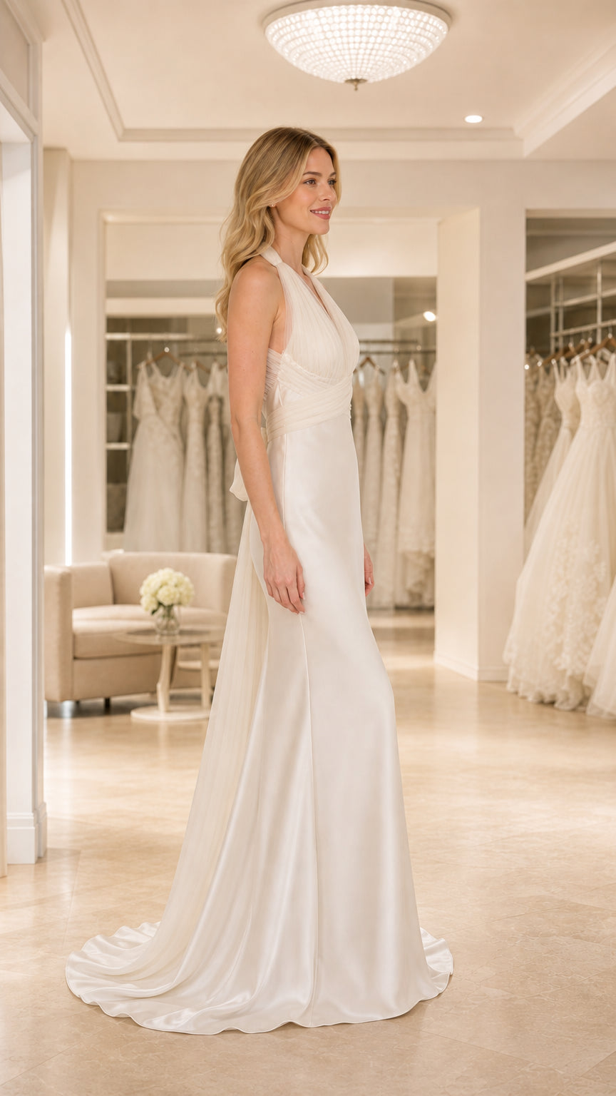 Side profile of Ivory satin halter formal dress