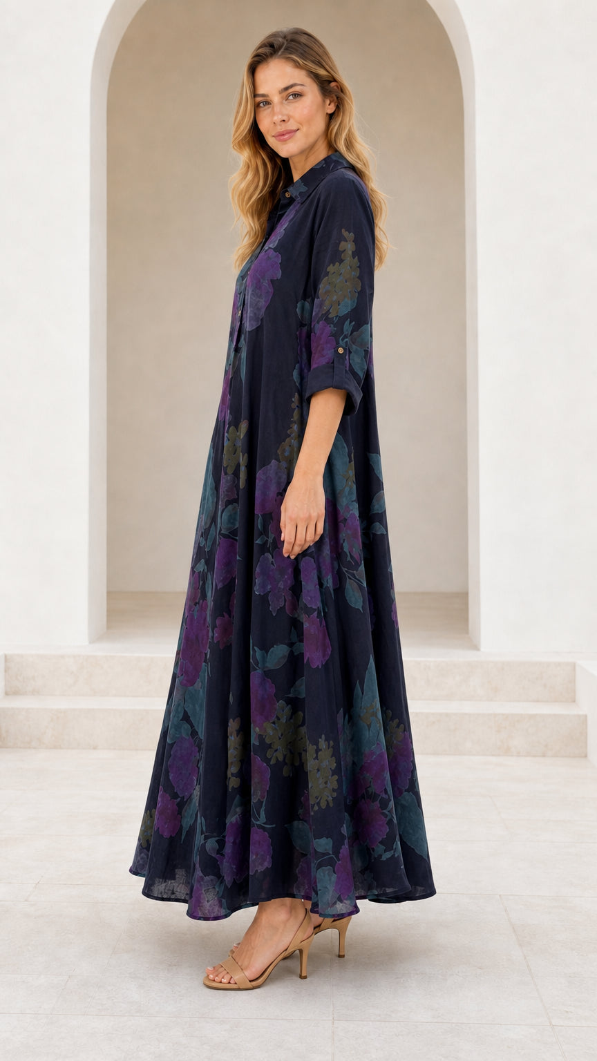 Side profile view of Navy Blue floral A-line maxi dress