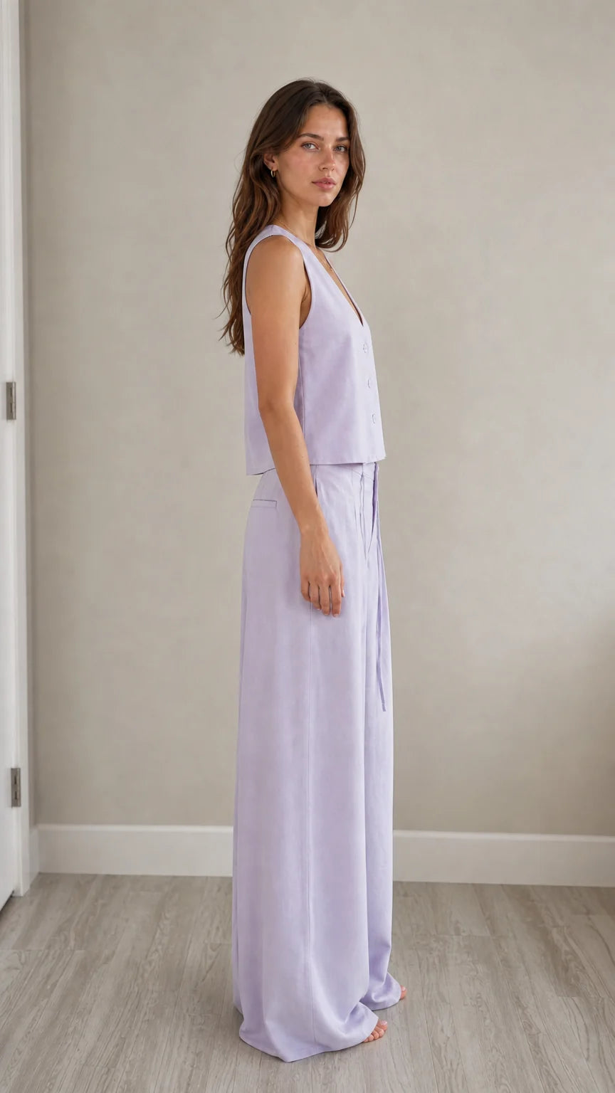 Side profile view of model in lavender two-piece set