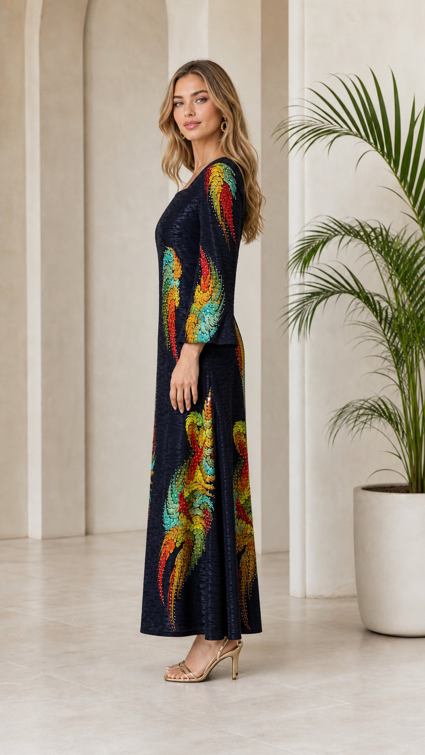 Side profile view of Navy Blue embellished maxi dress with flared sleeves