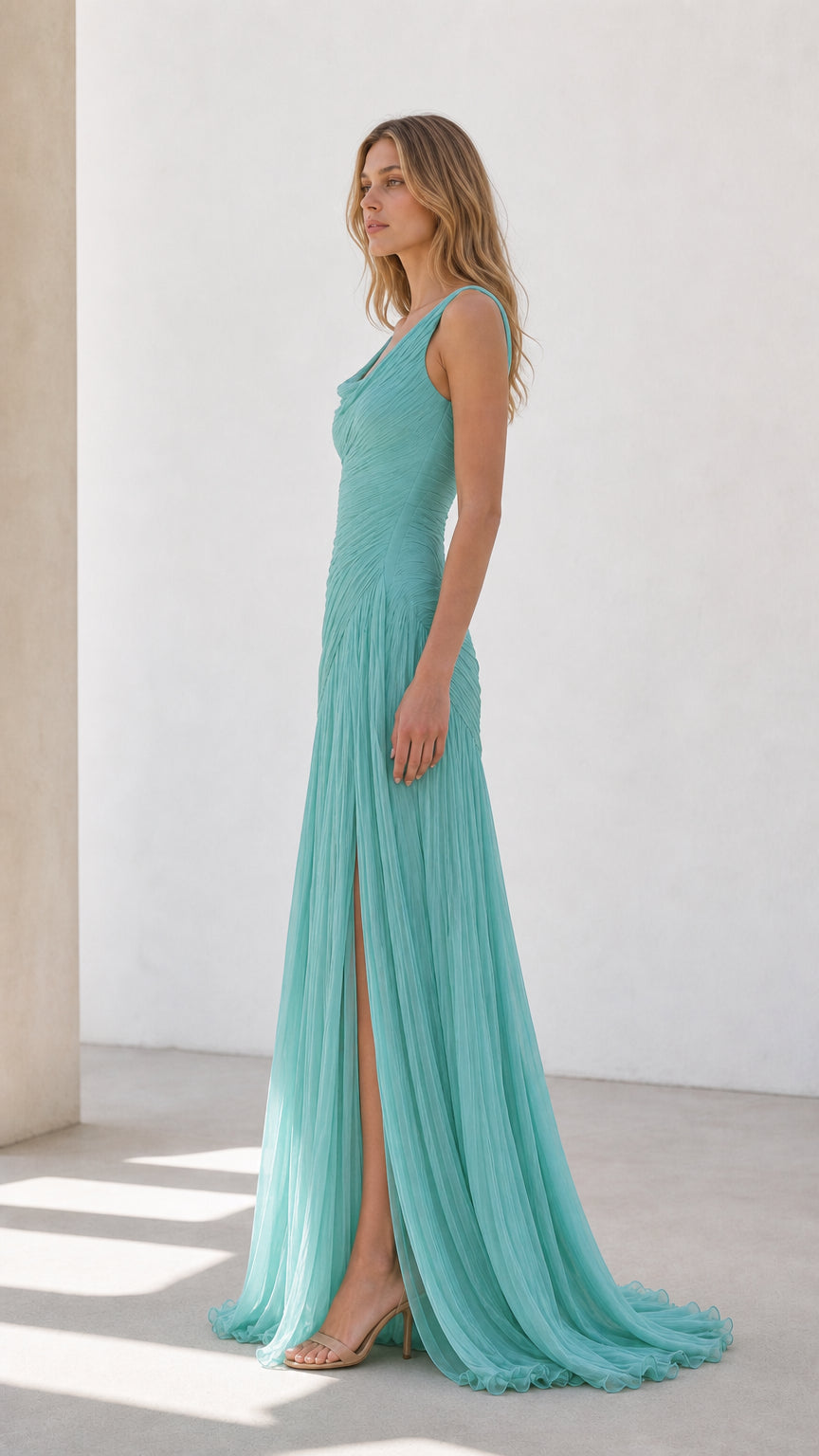 Side profile of aqua blue pleated evening dress showing draped silhouette